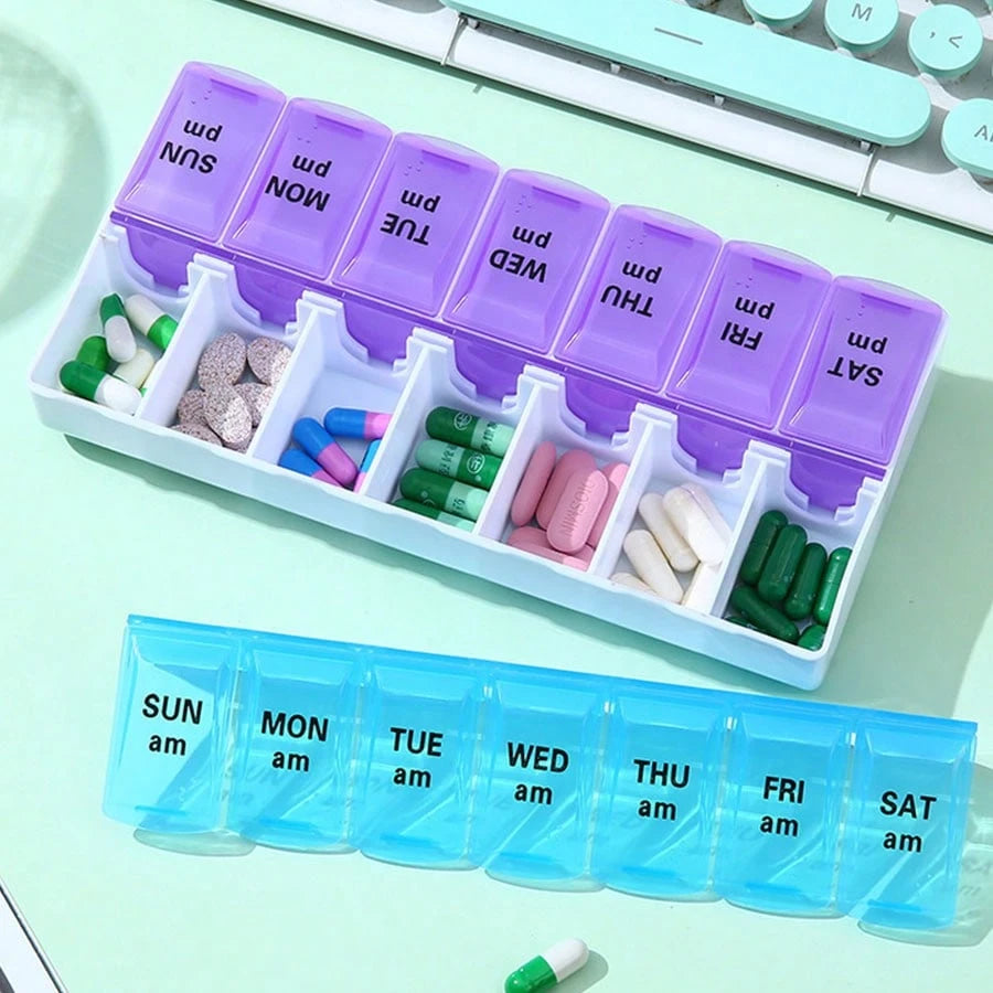 14-Grid Color Pill Box, Portable One-Week Pill Box Set, Mini Combination Pill Box Packing, Daily Regular Reminder Pill Box Monday To Sunday Full Coverage Travel Carry-On & Handbag Essentials, Efficien
