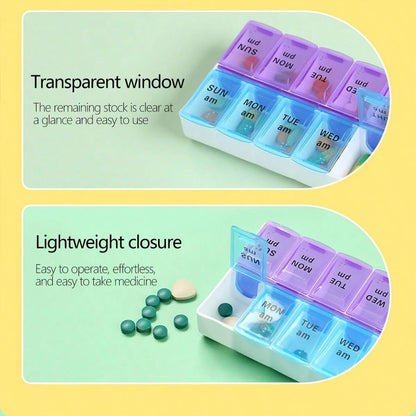 14-Grid Color Pill Box, Portable One-Week Pill Box Set, Mini Combination Pill Box Packing, Daily Regular Reminder Pill Box Monday To Sunday Full Coverage Travel Carry-On & Handbag Essentials, Efficien