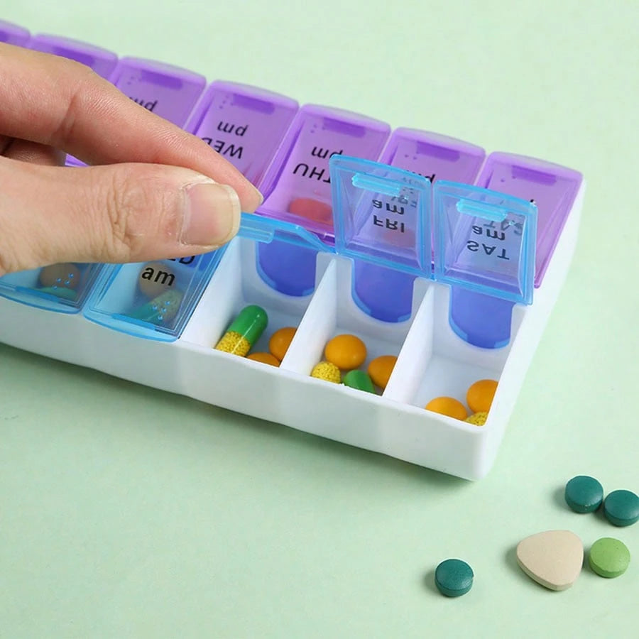 14-Grid Color Pill Box, Portable One-Week Pill Box Set, Mini Combination Pill Box Packing, Daily Regular Reminder Pill Box Monday To Sunday Full Coverage Travel Carry-On & Handbag Essentials, Efficien