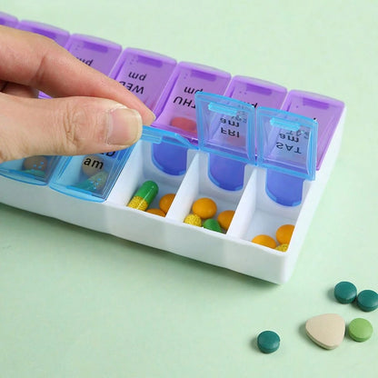 14-Grid Color Pill Box, Portable One-Week Pill Box Set, Mini Combination Pill Box Packing, Daily Regular Reminder Pill Box Monday To Sunday Full Coverage Travel Carry-On & Handbag Essentials, Efficien
