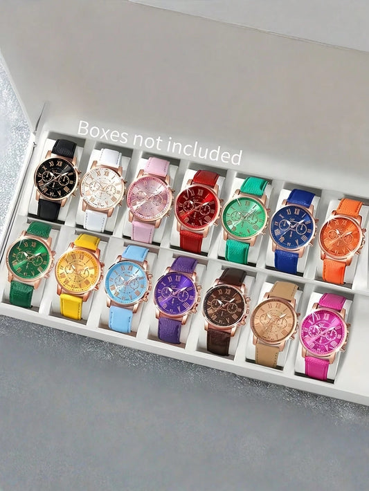14pcs Women's Watch Set, PU Leather Material, Fashion Minimalist Three-Eye Roman Numeral Quartz Watch Set, Wristwatch, Party Wedding Gift, Beach Vacation Valentine's Day Gift