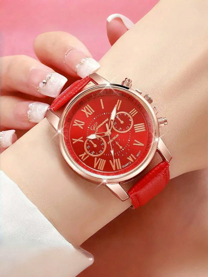 14pcs Women's Watch Set, PU Leather Material, Fashion Minimalist Three-Eye Roman Numeral Quartz Watch Set, Wristwatch, Party Wedding Gift, Beach Vacation Valentine's Day Gift