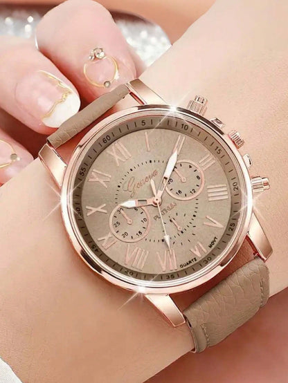 14pcs Women's Watch Set, PU Leather Material, Fashion Minimalist Three-Eye Roman Numeral Quartz Watch Set, Wristwatch, Party Wedding Gift, Beach Vacation Valentine's Day Gift