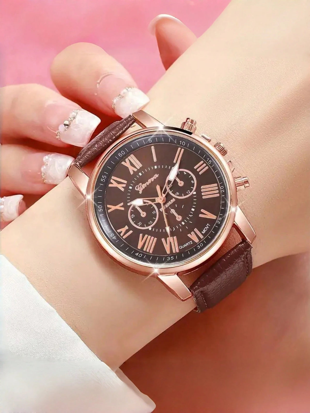 14pcs Women's Watch Set, PU Leather Material, Fashion Minimalist Three-Eye Roman Numeral Quartz Watch Set, Wristwatch, Party Wedding Gift, Beach Vacation Valentine's Day Gift