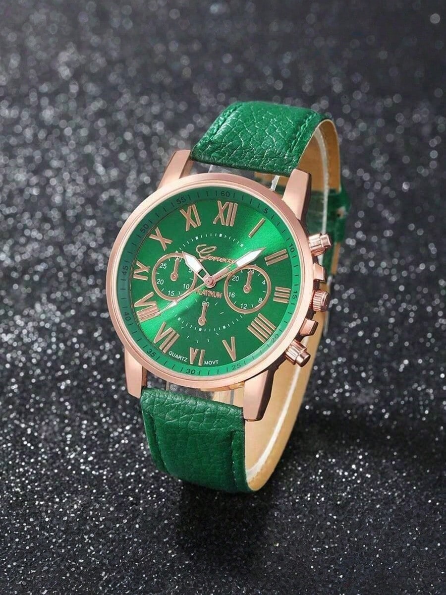 14pcs Women's Watch Set, PU Leather Material, Fashion Minimalist Three-Eye Roman Numeral Quartz Watch Set, Wristwatch, Party Wedding Gift, Beach Vacation Valentine's Day Gift