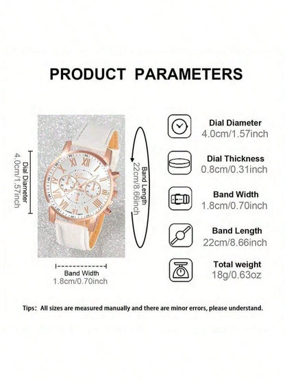 14pcs Women's Watch Set, PU Leather Material, Fashion Minimalist Three-Eye Roman Numeral Quartz Watch Set, Wristwatch, Party Wedding Gift, Beach Vacation Valentine's Day Gift