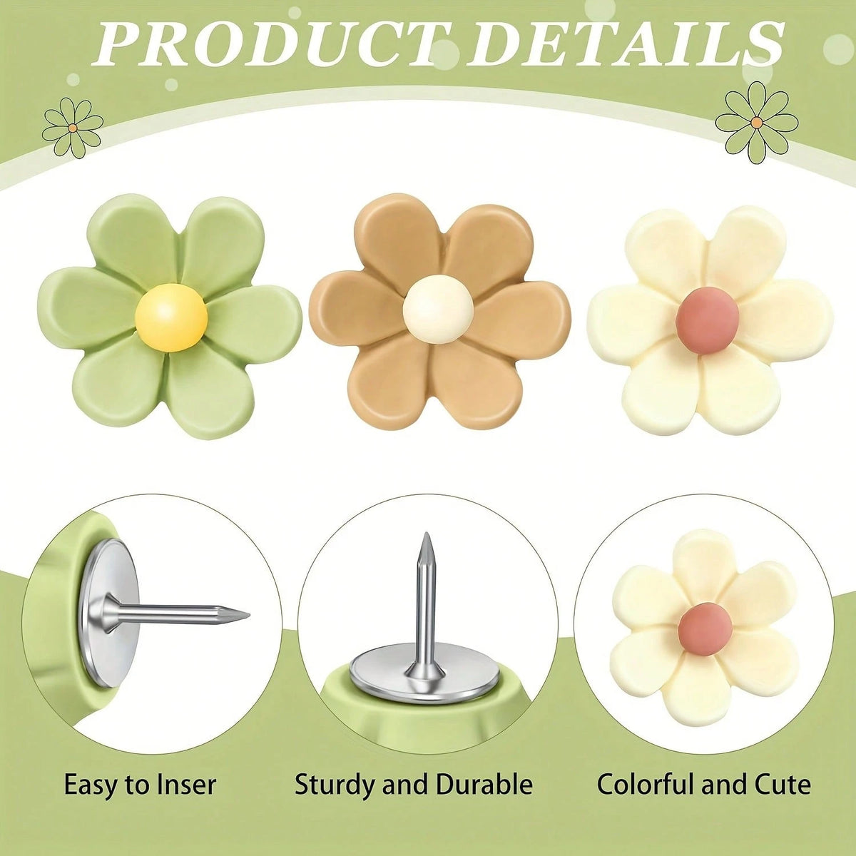 15pcs/30pcs Pastel Colors Cute Floral Push Pins- Brown, Beige, Green, Sewing, Office- Assorted Sizes & Shapes, Cute Pins