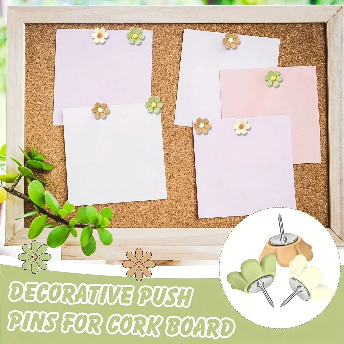 15pcs/30pcs Pastel Colors Cute Floral Push Pins- Brown, Beige, Green, Sewing, Office- Assorted Sizes & Shapes, Cute Pins