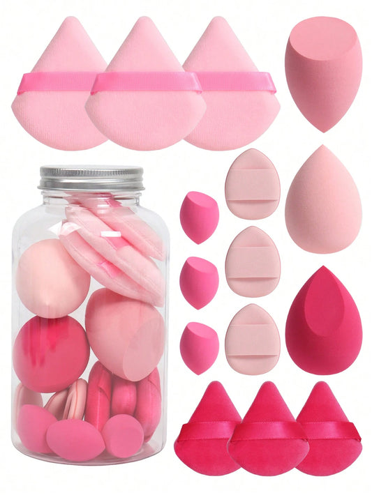 15pcs Makeup Sponge Set With Storage Container, Including 3pcs Makeup Sponge & 3pcs Mini Makeup Sponge & 3pcs Large Powder Puff & 3pcs Mini Powder Puff & 3pcs Mini Finger Cushion Puff, For Liquid, Cre