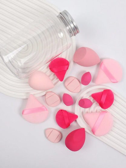 15pcs Makeup Sponge Set With Storage Container, Including 3pcs Makeup Sponge & 3pcs Mini Makeup Sponge & 3pcs Large Powder Puff & 3pcs Mini Powder Puff & 3pcs Mini Finger Cushion Puff, For Liquid, Cre