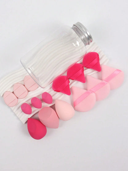 15pcs Makeup Sponge Set With Storage Container, Including 3pcs Makeup Sponge & 3pcs Mini Makeup Sponge & 3pcs Large Powder Puff & 3pcs Mini Powder Puff & 3pcs Mini Finger Cushion Puff, For Liquid, Cre