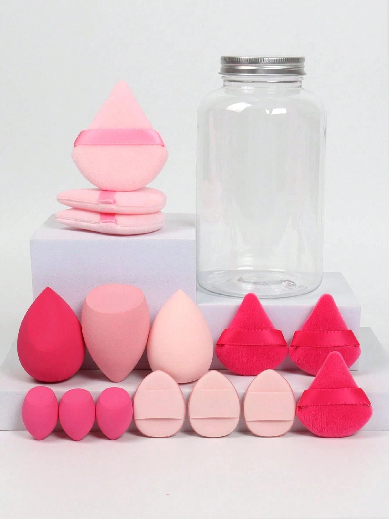15pcs Makeup Sponge Set With Storage Container, Including 3pcs Makeup Sponge & 3pcs Mini Makeup Sponge & 3pcs Large Powder Puff & 3pcs Mini Powder Puff & 3pcs Mini Finger Cushion Puff, For Liquid, Cre