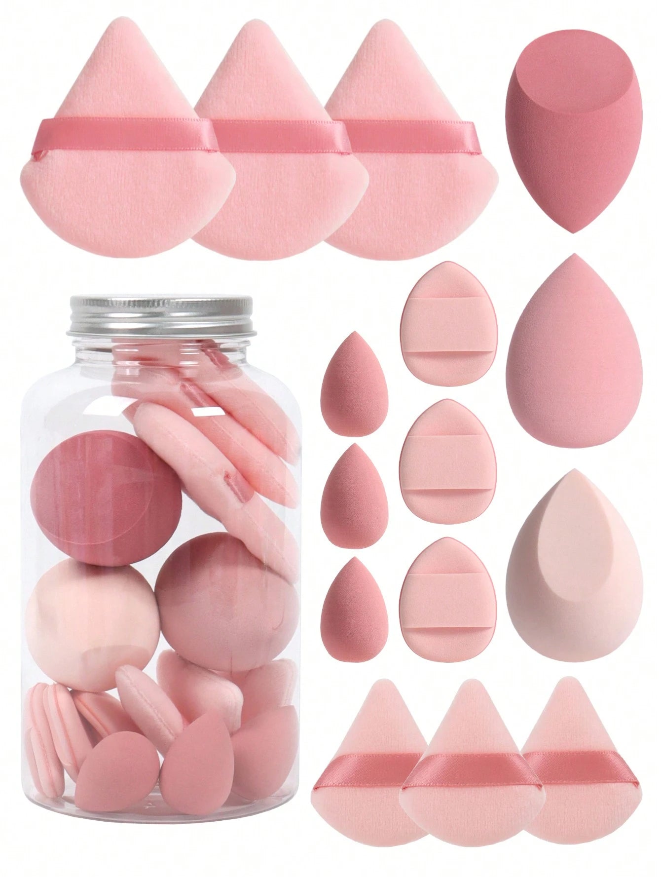 15pcs Makeup Sponge Set With Storage Container, Including 3pcs Makeup Sponge & 3pcs Mini Makeup Sponge & 3pcs Large Powder Puff & 3pcs Mini Powder Puff & 3pcs Mini Finger Cushion Puff, For Liquid, Cre