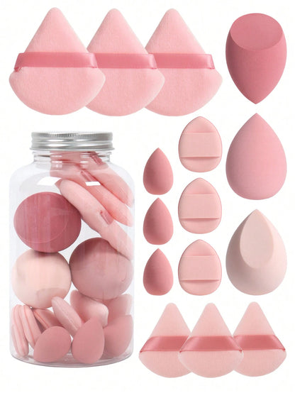 15pcs Makeup Sponge Set With Storage Container, Including 3pcs Makeup Sponge & 3pcs Mini Makeup Sponge & 3pcs Large Powder Puff & 3pcs Mini Powder Puff & 3pcs Mini Finger Cushion Puff, For Liquid, Cre