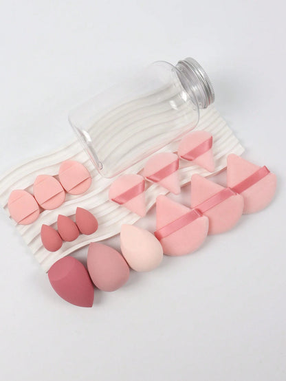 15pcs Makeup Sponge Set With Storage Container, Including 3pcs Makeup Sponge & 3pcs Mini Makeup Sponge & 3pcs Large Powder Puff & 3pcs Mini Powder Puff & 3pcs Mini Finger Cushion Puff, For Liquid, Cre