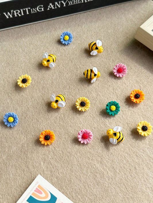 15pcs/Set Colorful Small Bee & Flower Shape Drawing Pins, Suitable For Cork Board, Photo Wall, Whiteboard, Notice Board Back To School,Back To School,School Supplies
