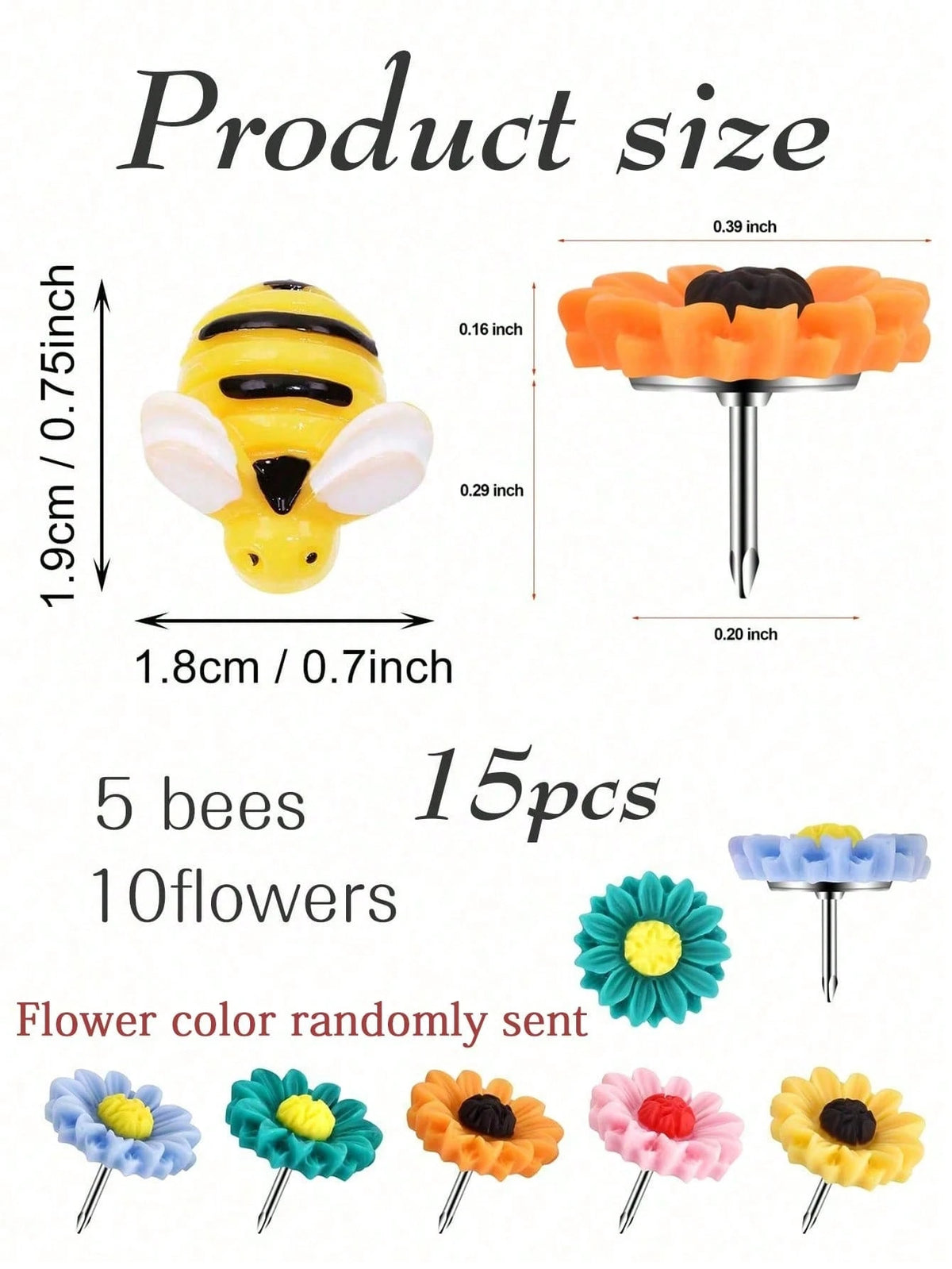 15pcs/Set Colorful Small Bee & Flower Shape Drawing Pins, Suitable For Cork Board, Photo Wall, Whiteboard, Notice Board Back To School,Back To School,School Supplies