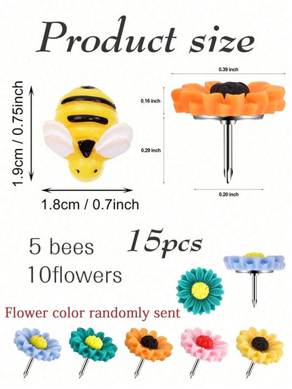 15pcs/Set Colorful Small Bee & Flower Shape Drawing Pins, Suitable For Cork Board, Photo Wall, Whiteboard, Notice Board Back To School,Back To School,School Supplies
