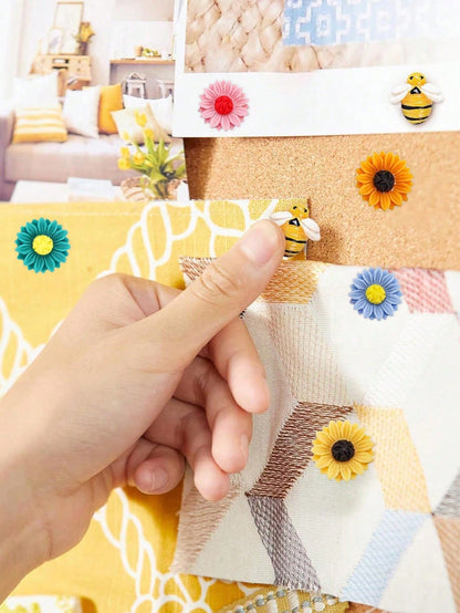 15pcs/Set Colorful Small Bee & Flower Shape Drawing Pins, Suitable For Cork Board, Photo Wall, Whiteboard, Notice Board Back To School,Back To School,School Supplies