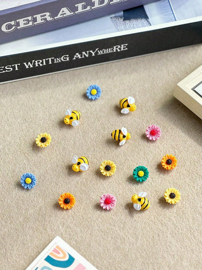 15pcs/Set Colorful Small Bee & Flower Shape Drawing Pins, Suitable For Cork Board, Photo Wall, Whiteboard, Notice Board Back To School,Back To School,School Supplies