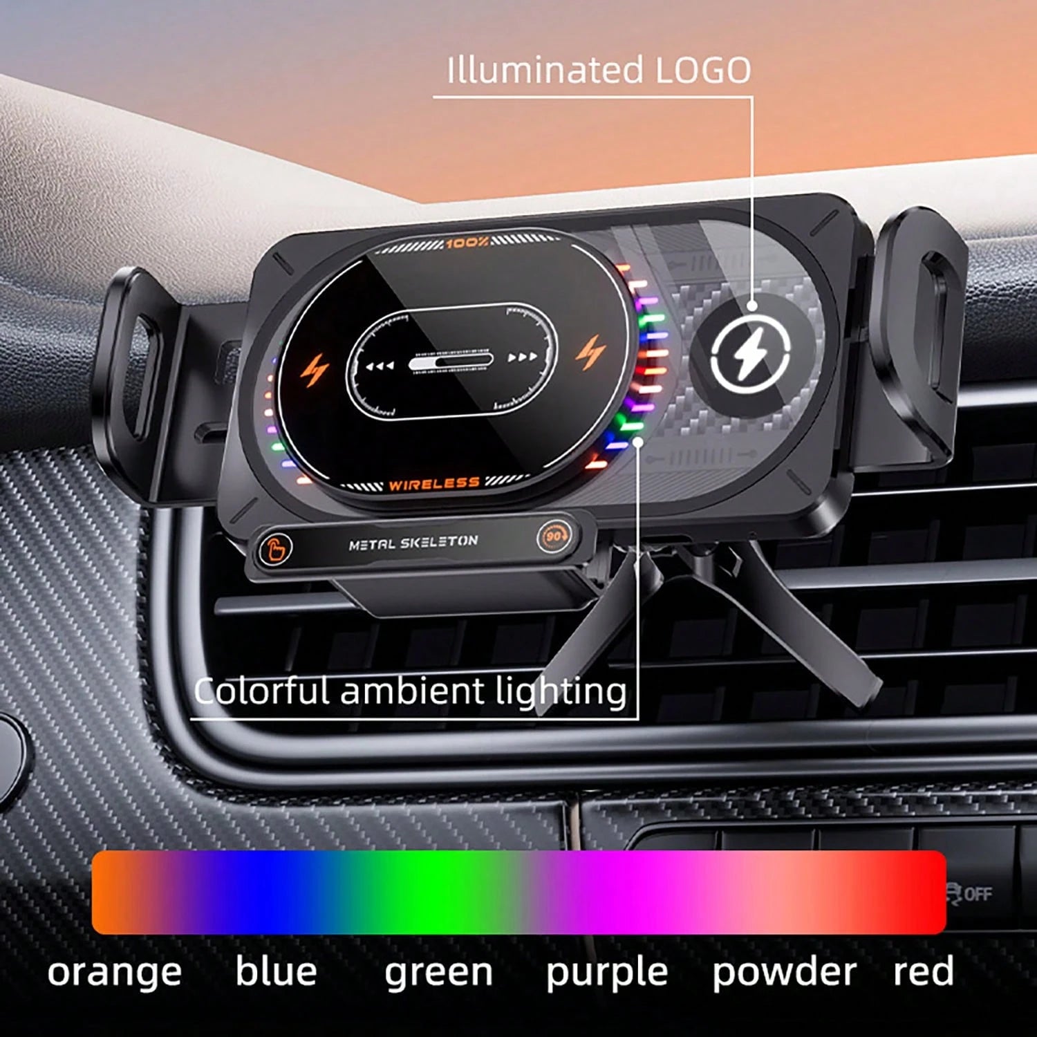 15W Fast Wireless Car Charger Mount Colorful Ambient Light Auto-Clamping Smart Sensor Air Vent Cell Phone Holder Compatible With All Wireless Charging Phones