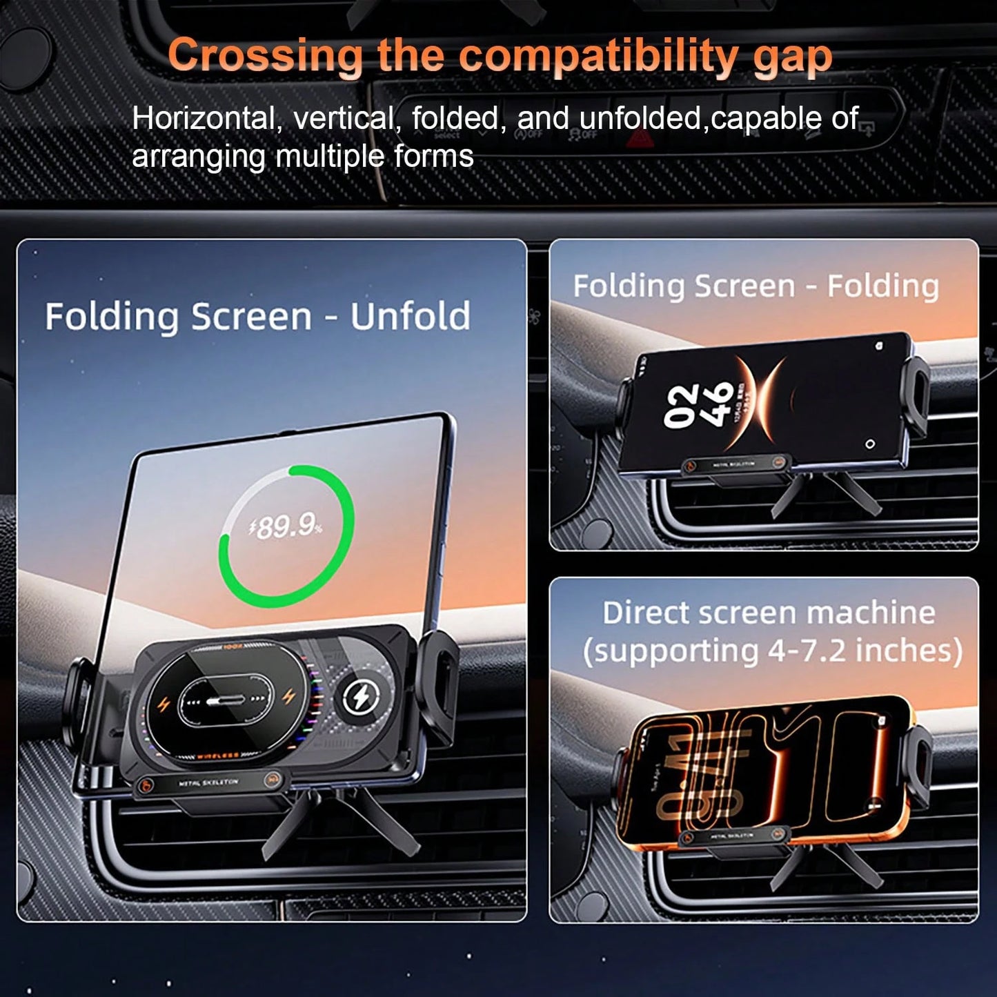 15W Fast Wireless Car Charger Mount Colorful Ambient Light Auto-Clamping Smart Sensor Air Vent Cell Phone Holder Compatible With All Wireless Charging Phones