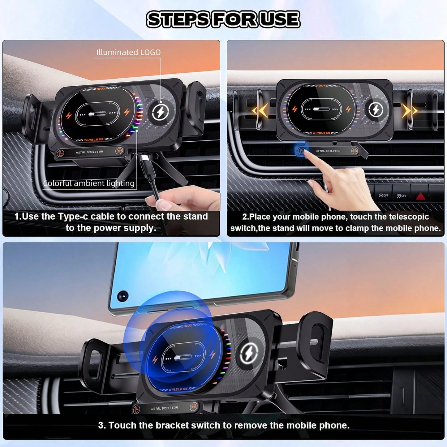 15W Fast Wireless Car Charger Mount Colorful Ambient Light Auto-Clamping Smart Sensor Air Vent Cell Phone Holder Compatible With All Wireless Charging Phones