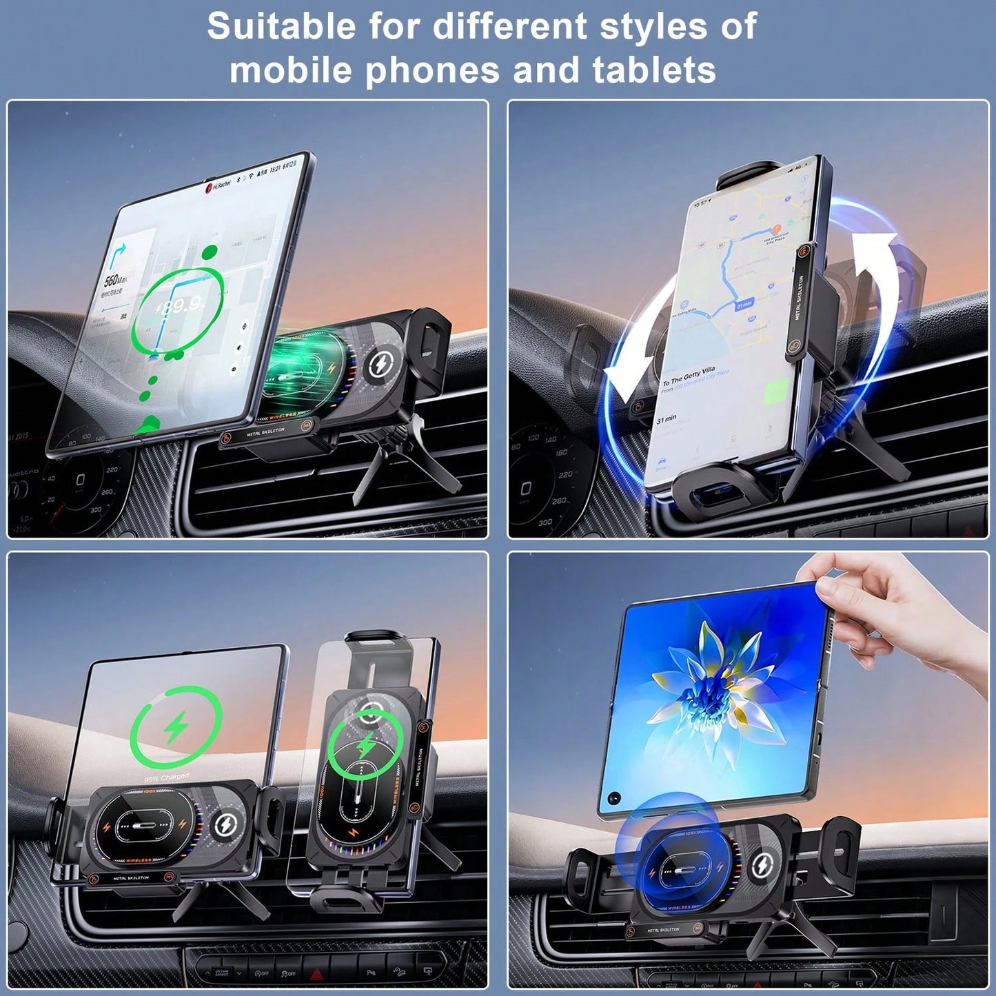 15W Fast Wireless Car Charger Mount Colorful Ambient Light Auto-Clamping Smart Sensor Air Vent Cell Phone Holder Compatible With All Wireless Charging Phones