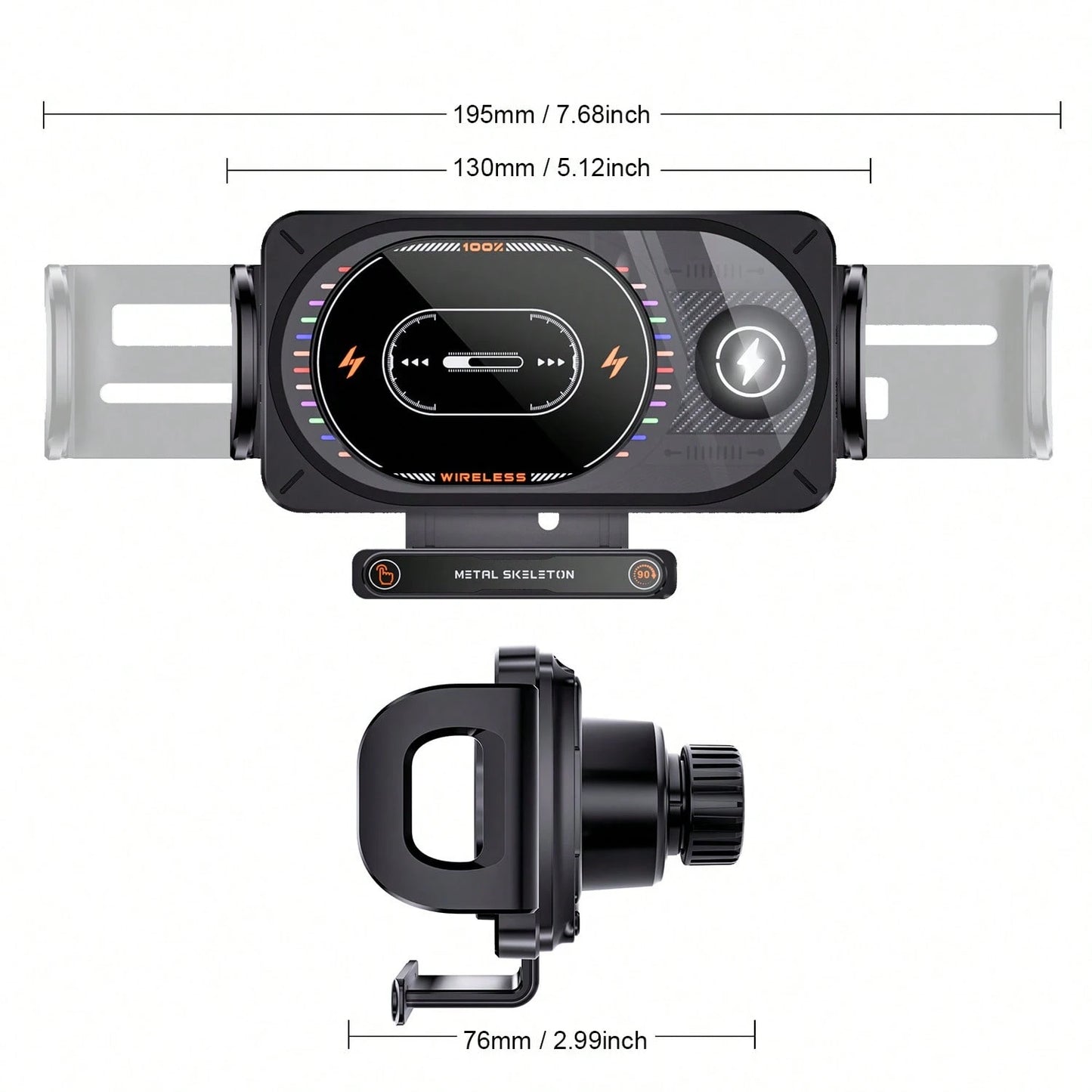 15W Fast Wireless Car Charger Mount Colorful Ambient Light Auto-Clamping Smart Sensor Air Vent Cell Phone Holder Compatible With All Wireless Charging Phones
