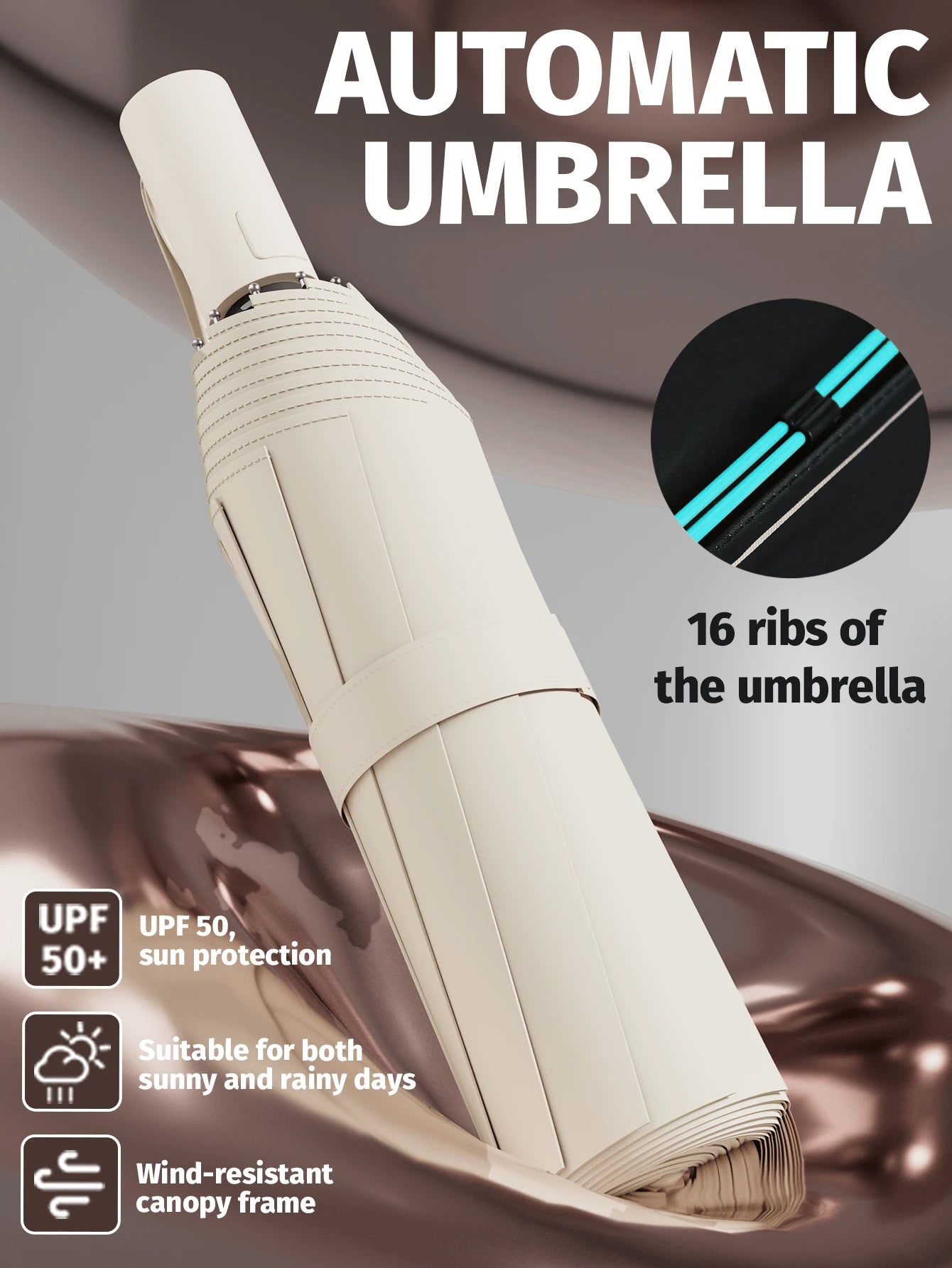 16 Ribs Extra Large Windproof Automatic Umbrella- Durable, Portable, Waterproof Folding Business Umbrella, Suitable For Outdoor Activities And Daily Use- Customizable Umbrella Fabric, Rib Color, Eng