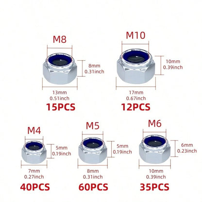 162pcs Stainless Steel Nylon Insert Hex Lock Nuts, M4/M5/M6/M8/M10 Self-Locking Hexagon Nuts, For Maintenance And Installation