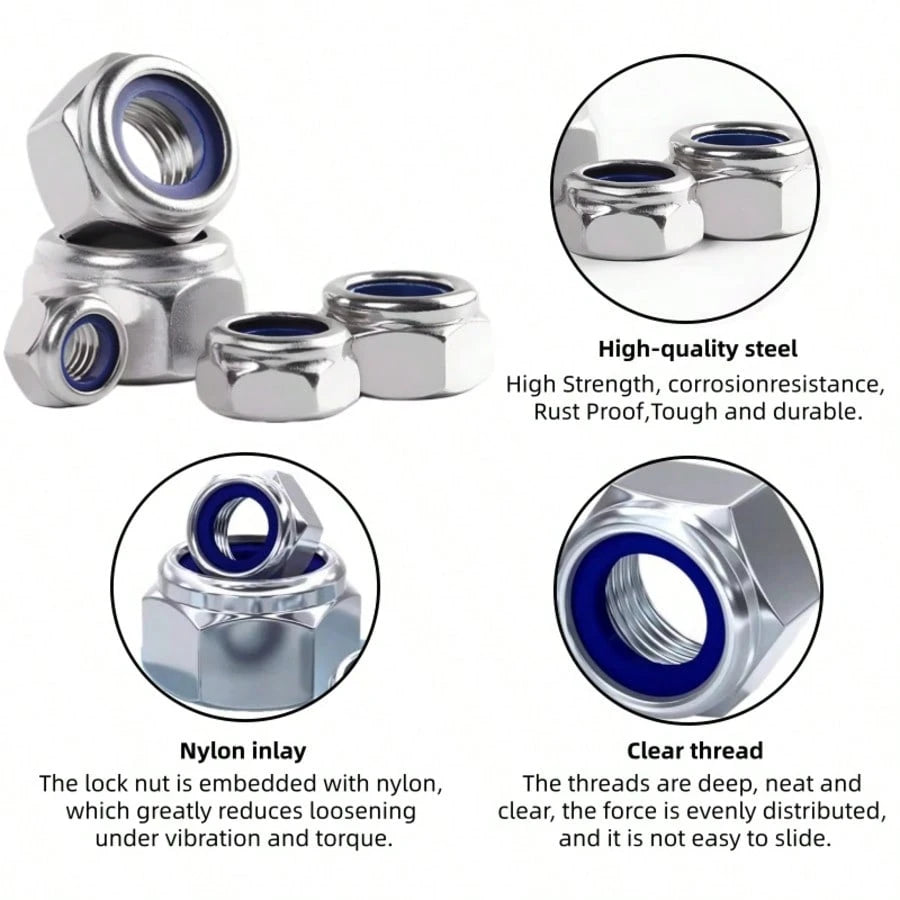 162pcs Stainless Steel Nylon Insert Hex Lock Nuts, M4/M5/M6/M8/M10 Self-Locking Hexagon Nuts, For Maintenance And Installation