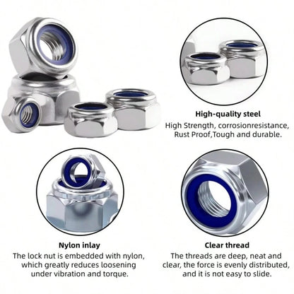 162pcs Stainless Steel Nylon Insert Hex Lock Nuts, M4/M5/M6/M8/M10 Self-Locking Hexagon Nuts, For Maintenance And Installation