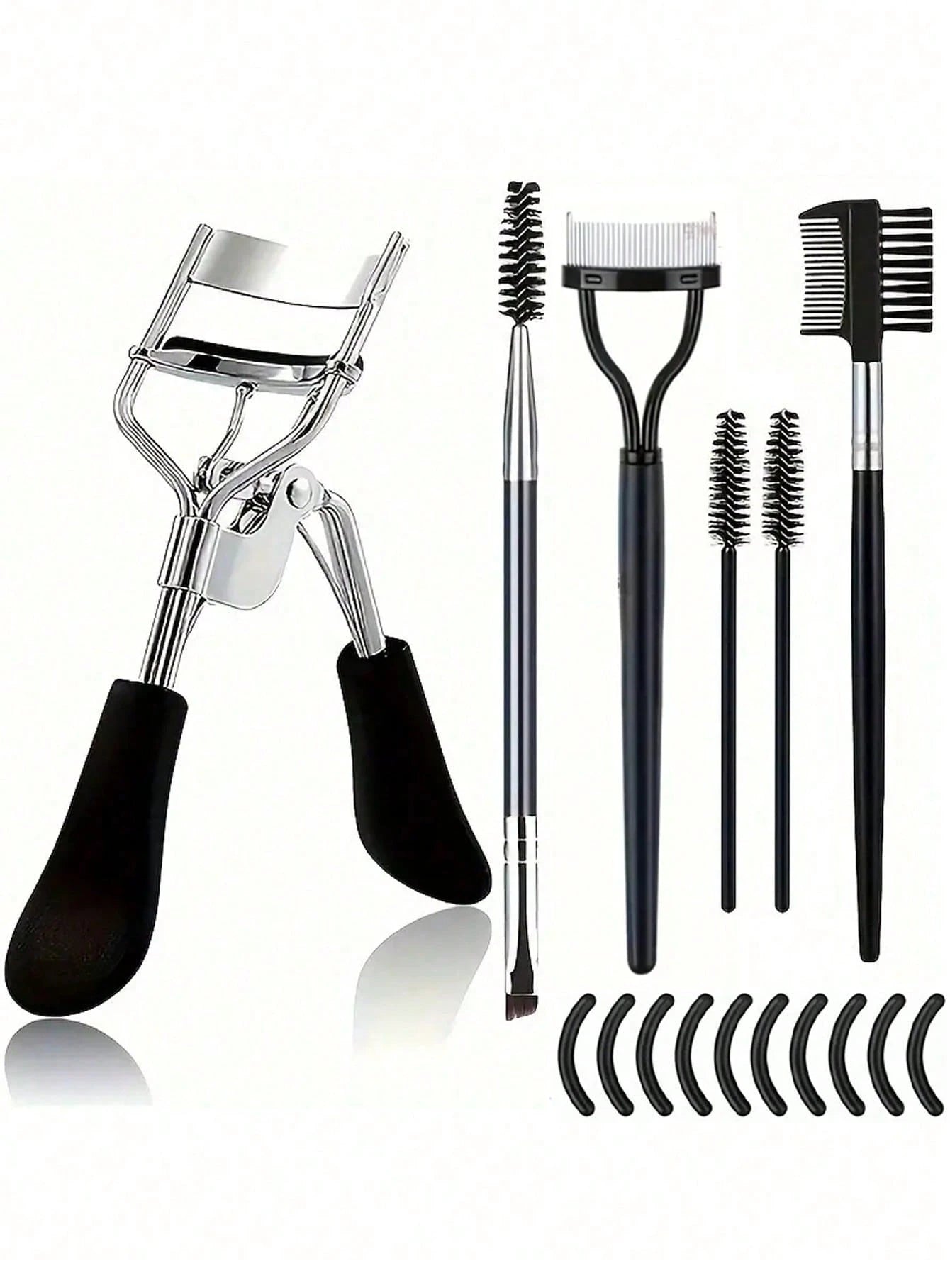 16pcs Stainless Steel Eyelash Curler Set, Include 1pc Lash Curler, 1pc Lash Comb, 2pcs Lash Rollers, 1pc Slanted Dual-Ended Eyebrow Brush, 1pc Eyebrow Brush, And 10pcs Silicone Refill Pads, For Lashes