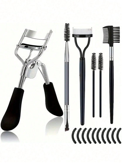 16pcs Stainless Steel Eyelash Curler Set, Include 1pc Lash Curler, 1pc Lash Comb, 2pcs Lash Rollers, 1pc Slanted Dual-Ended Eyebrow Brush, 1pc Eyebrow Brush, And 10pcs Silicone Refill Pads, For Lashes