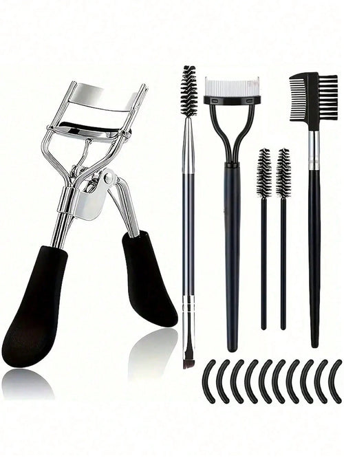 16pcs Stainless Steel Eyelash Curler Set, Include 1pc Lash Curler, 1pc Lash Comb, 2pcs Lash Rollers, 1pc Slanted Dual-Ended Eyebrow Brush, 1pc Eyebrow Brush, And 10pcs Silicone Refill Pads, For Lashes