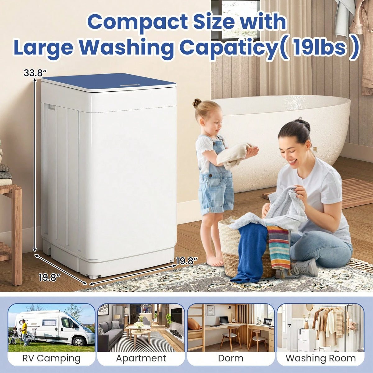 19 Lbs Portable Full Automatic Washing Machine, Compact Laundry Washer Machine With 7 Wash Programs, Built-In Drain Pump, LED Display Washer And Spin Dryer Combo For Apartments, Dorms, RVs