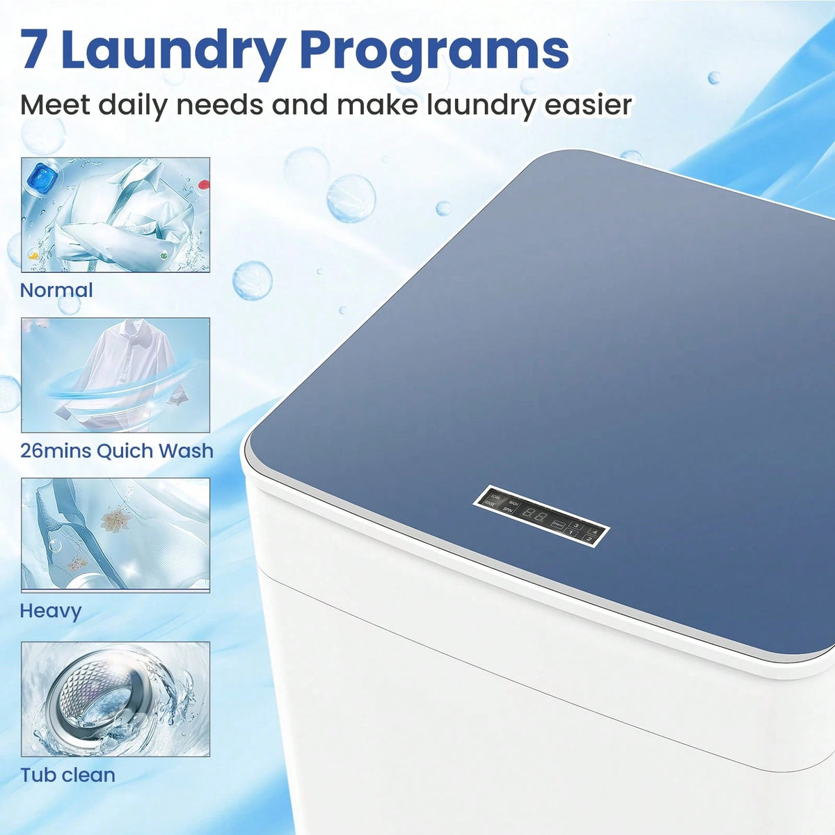 19 Lbs Portable Full Automatic Washing Machine, Compact Laundry Washer Machine With 7 Wash Programs, Built-In Drain Pump, LED Display Washer And Spin Dryer Combo For Apartments, Dorms, RVs