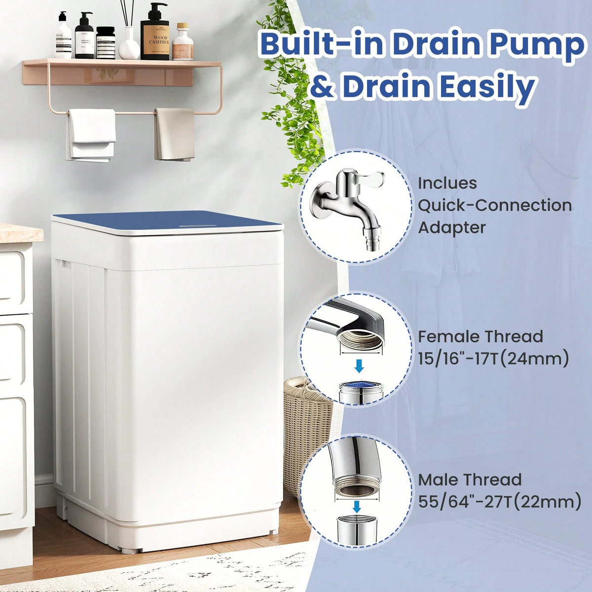 19 Lbs Portable Full Automatic Washing Machine, Compact Laundry Washer Machine With 7 Wash Programs, Built-In Drain Pump, LED Display Washer And Spin Dryer Combo For Apartments, Dorms, RVs