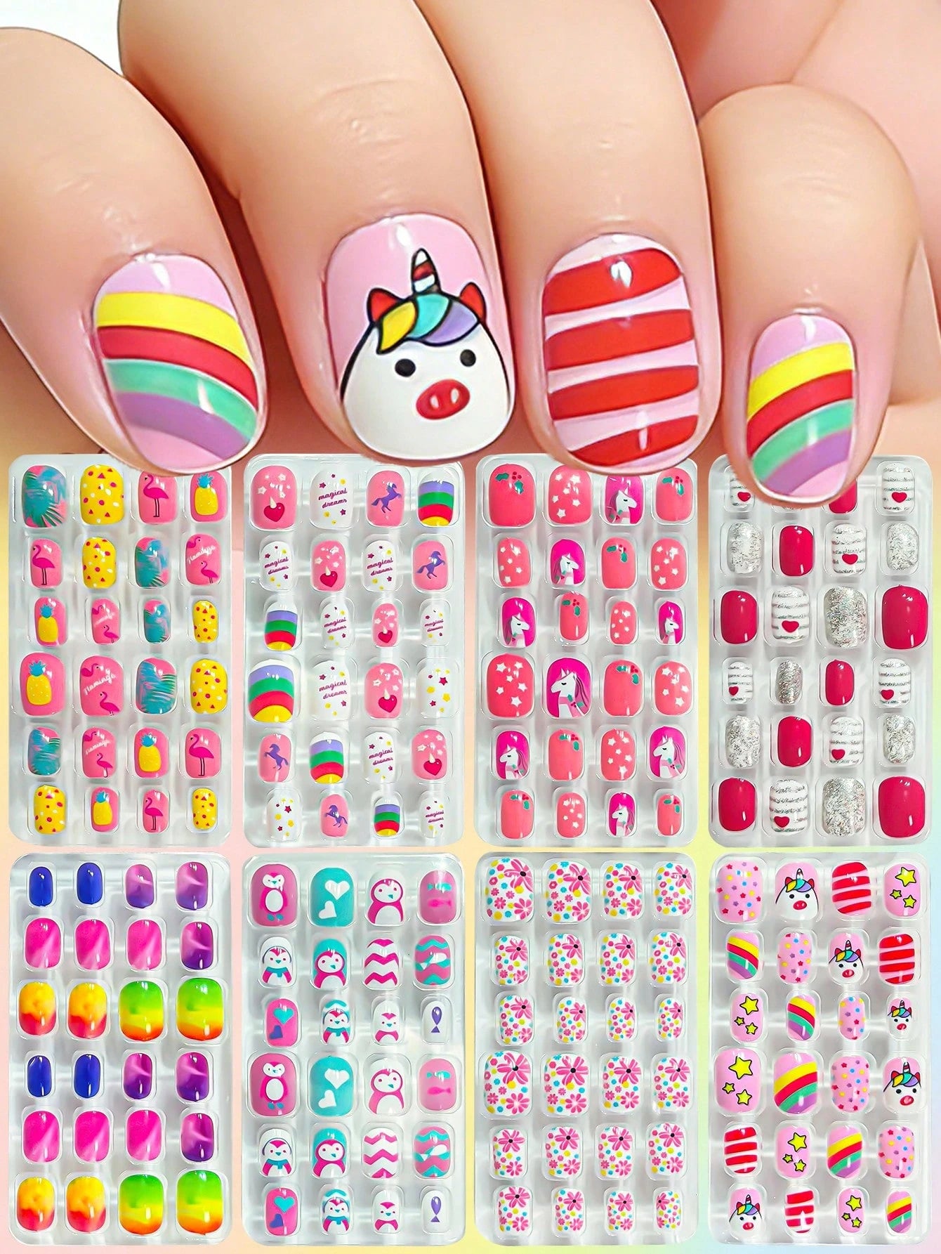 (192pcs 8 Packs) Kids Acrylic False Nails Press On Full Cover Glitter Cute Spring Summer Pineapple,Unicorn,Penguin,Flamingo,Rainbow, Heart Short Kids Stick-On False Nails Set For Little Girls, Nail Su