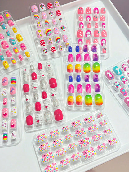 (192pcs 8 Packs) Kids Acrylic False Nails Press On Full Cover Glitter Cute Spring Summer Pineapple,Unicorn,Penguin,Flamingo,Rainbow, Heart Short Kids Stick-On False Nails Set For Little Girls, Nail Su