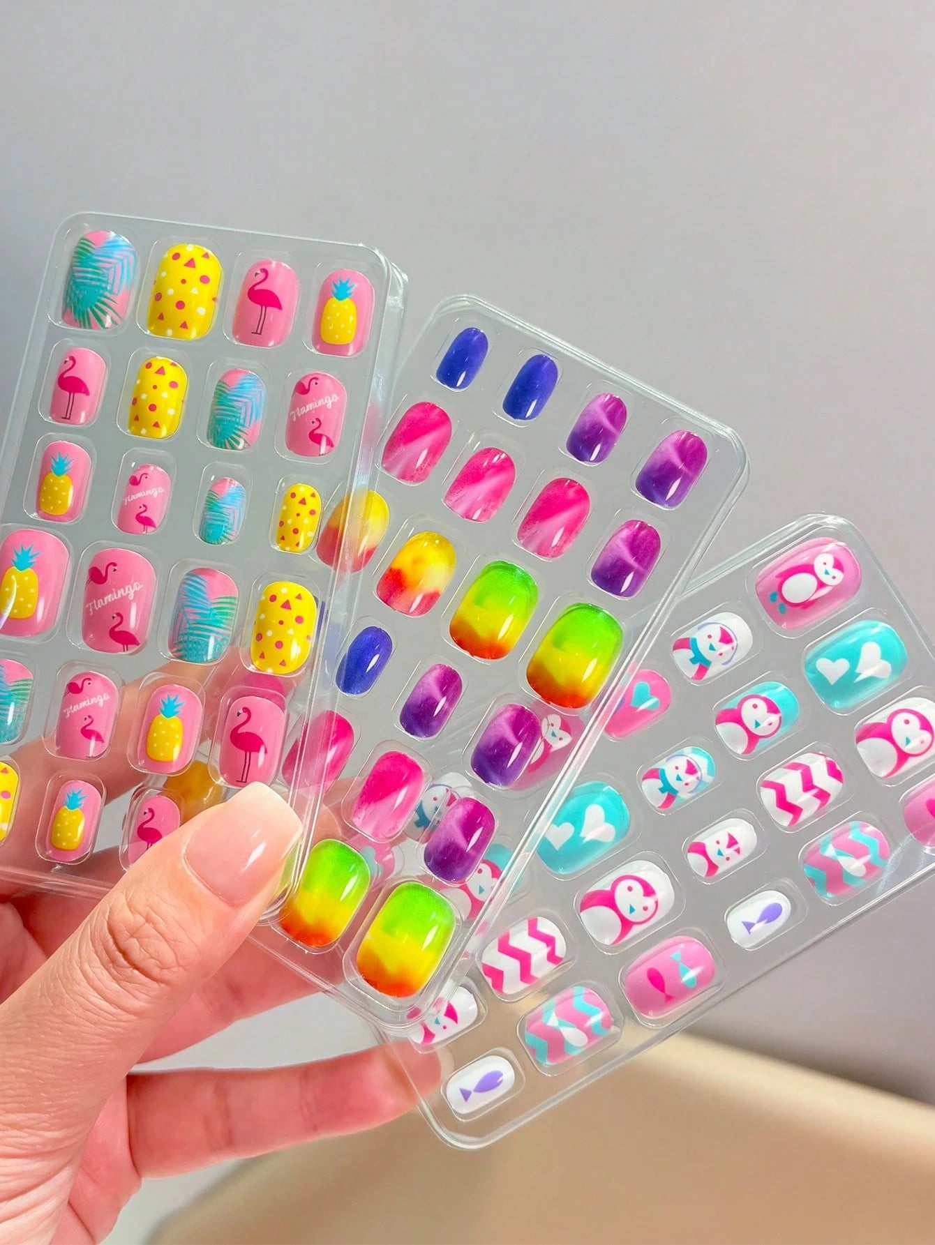 (192pcs 8 Packs) Kids Acrylic False Nails Press On Full Cover Glitter Cute Spring Summer Pineapple,Unicorn,Penguin,Flamingo,Rainbow, Heart Short Kids Stick-On False Nails Set For Little Girls, Nail Su