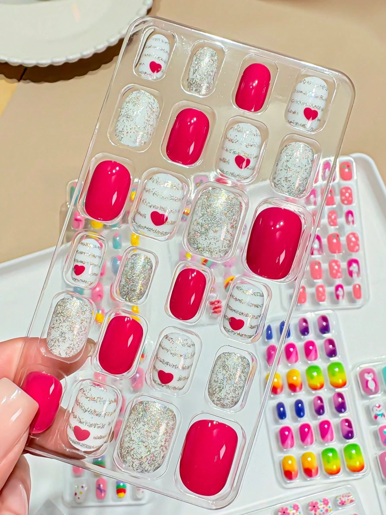 (192pcs 8 Packs) Kids Acrylic False Nails Press On Full Cover Glitter Cute Spring Summer Pineapple,Unicorn,Penguin,Flamingo,Rainbow, Heart Short Kids Stick-On False Nails Set For Little Girls, Nail Su