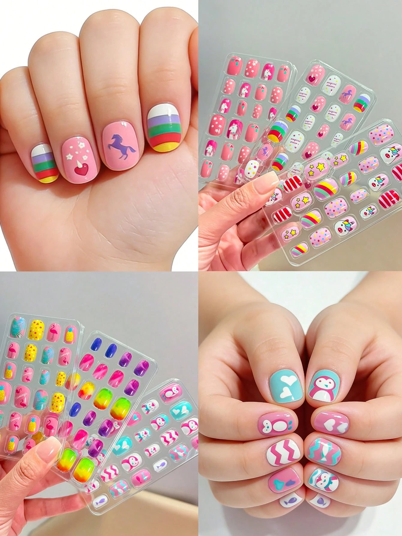 (192pcs 8 Packs) Kids Acrylic False Nails Press On Full Cover Glitter Cute Spring Summer Pineapple,Unicorn,Penguin,Flamingo,Rainbow, Heart Short Kids Stick-On False Nails Set For Little Girls, Nail Su