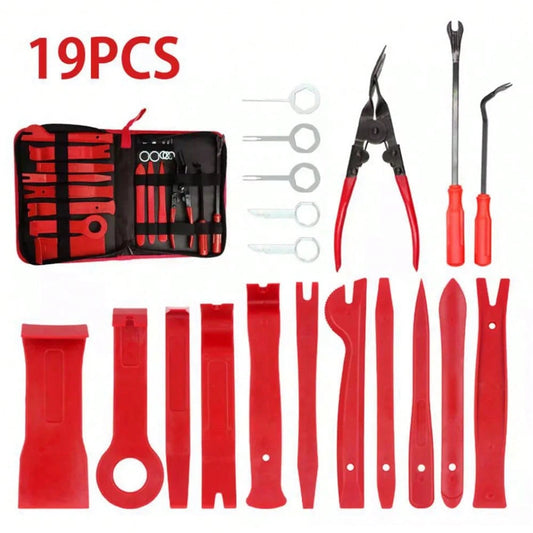 19Pcs Car Trim Removal Tool Set Hand Tools Pry Bar Panel Door Interior Clip Kit (RED)