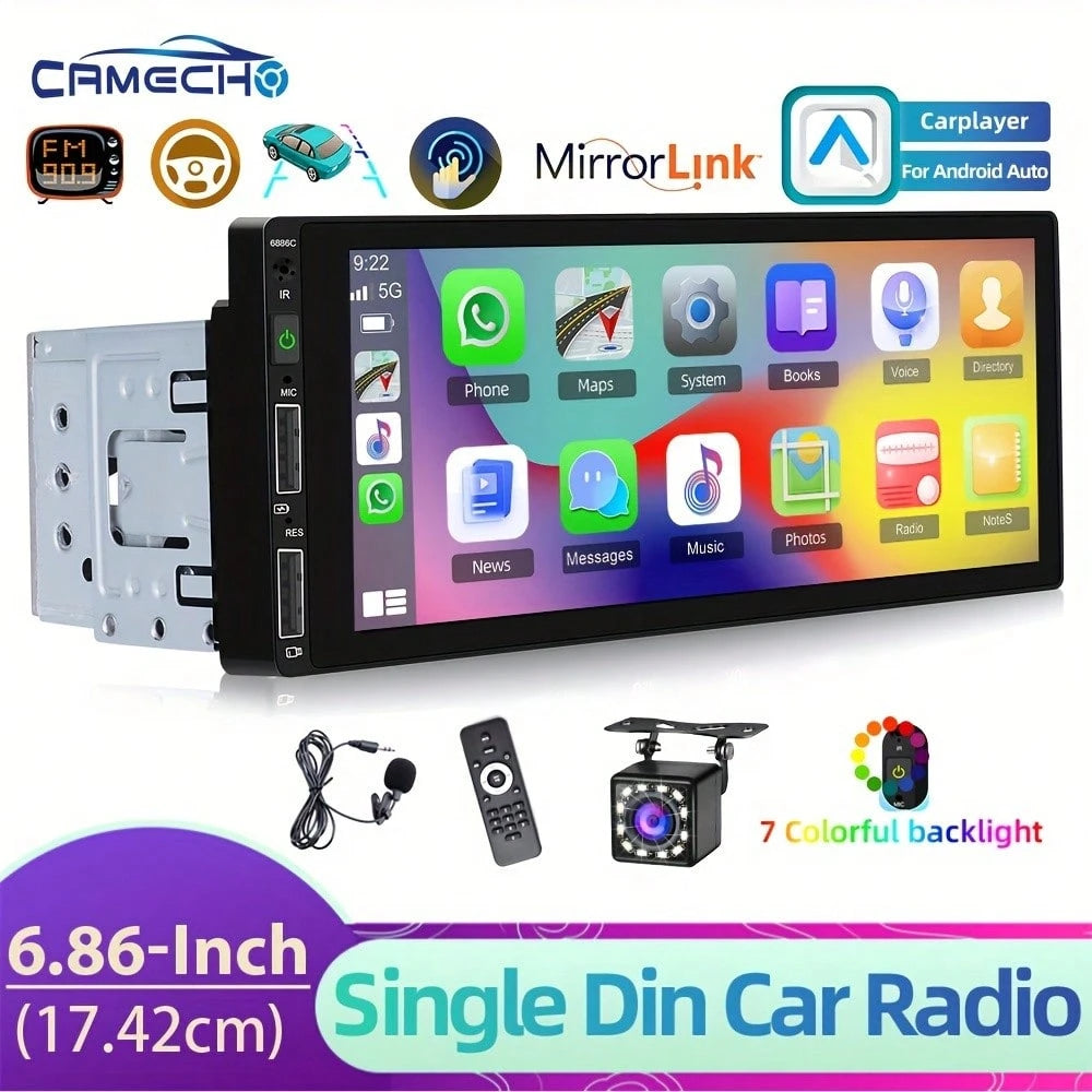 1DIN Car MP5 Player 6.86" HD Touch Screen Wireless Car Player &For Android Auto Car Stereo FM Radio Support TF/USB+ Rear View Camera