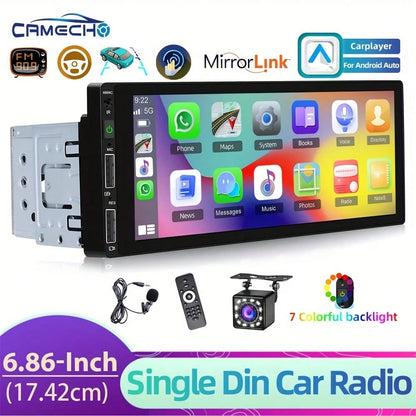 1DIN Car MP5 Player 6.86" HD Touch Screen Wireless Car Player &For Android Auto Car Stereo FM Radio Support TF/USB+ Rear View Camera