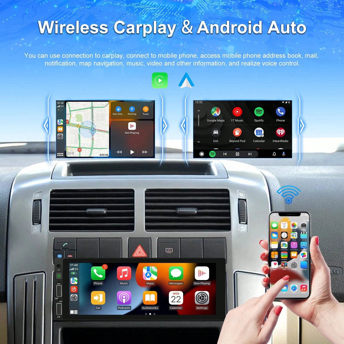 1DIN Car MP5 Player 6.86" HD Touch Screen Wireless Car Player &For Android Auto Car Stereo FM Radio Support TF/USB+ Rear View Camera