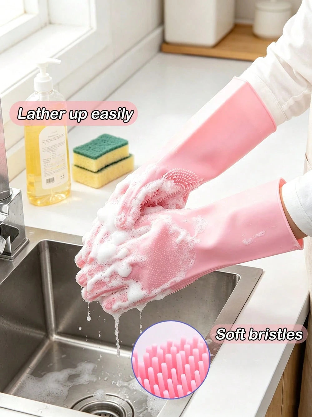 1Pair Silicone Cleaning Gloves With Brush Bristles, Multi-Functional Grooming Gloves For Car,Dishes,Pet,Bathroom Washing