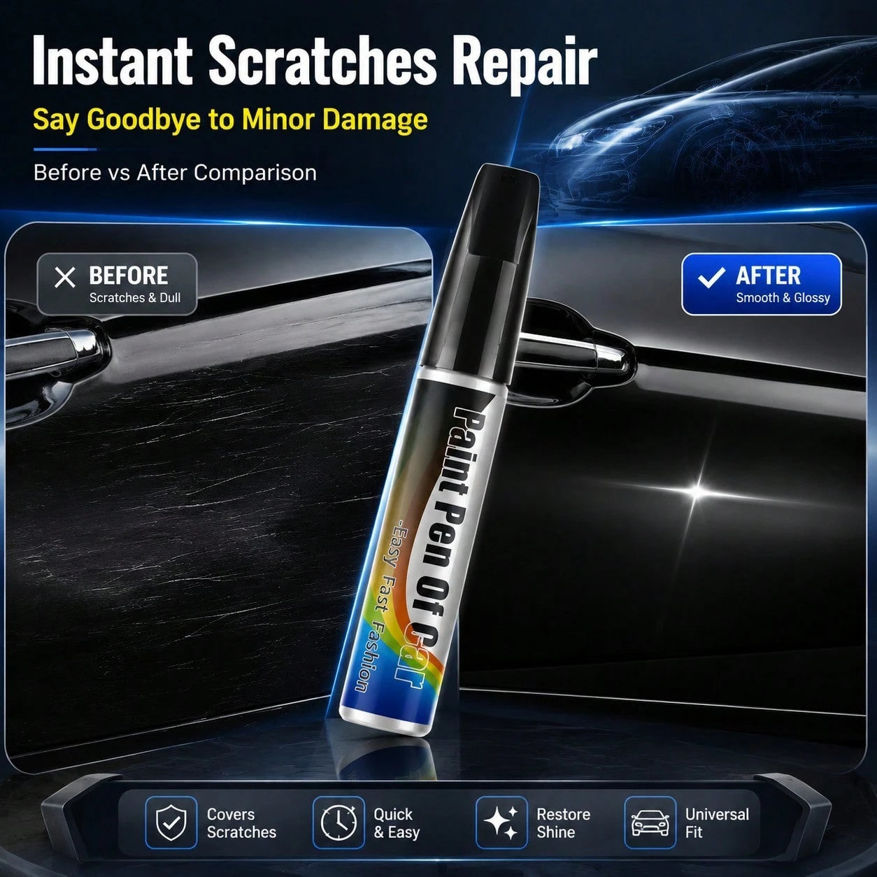 1Pc 12ML Universal Car Scratch Repair Pen, Auto Touch Up Paint Pen For Car Care, Quick Fix Scratches And Chips, Portable Auto Paint Marker For Daily Commute And Travel, Black